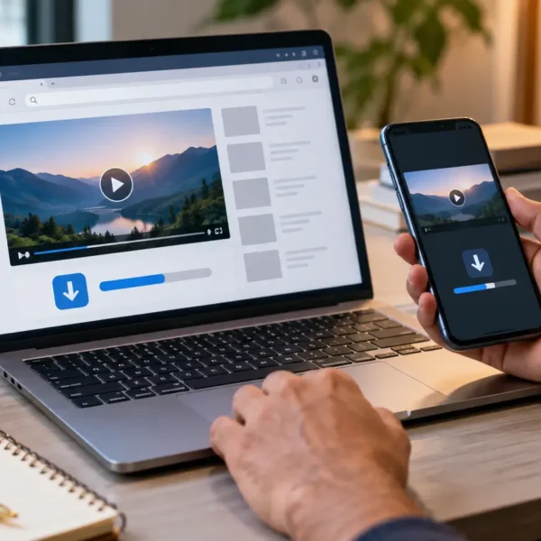 Laptop and smartphone showing a generic video URL and download process with a digital security symbol.