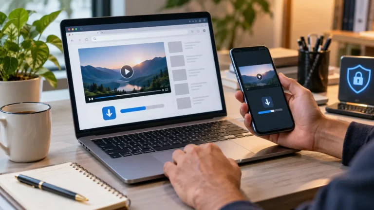 Laptop and smartphone showing a generic video URL and download process with a digital security symbol.