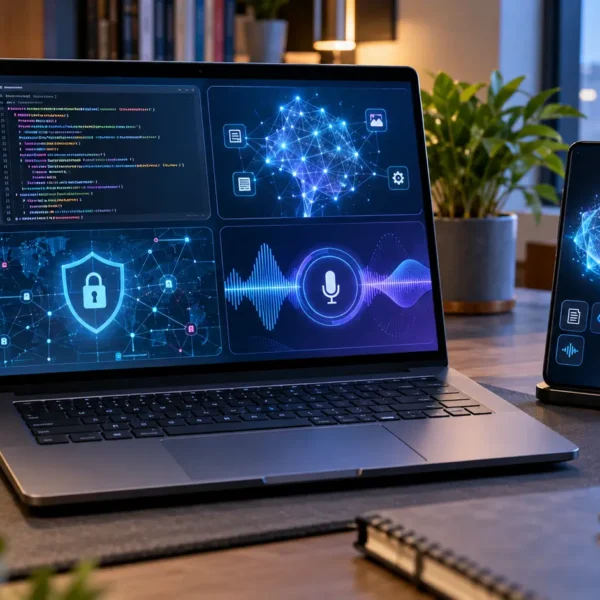 Conceptual AI technology workspace representing Gemini 3.8 Flash, Live and cybersecurity models on unbranded devices.
