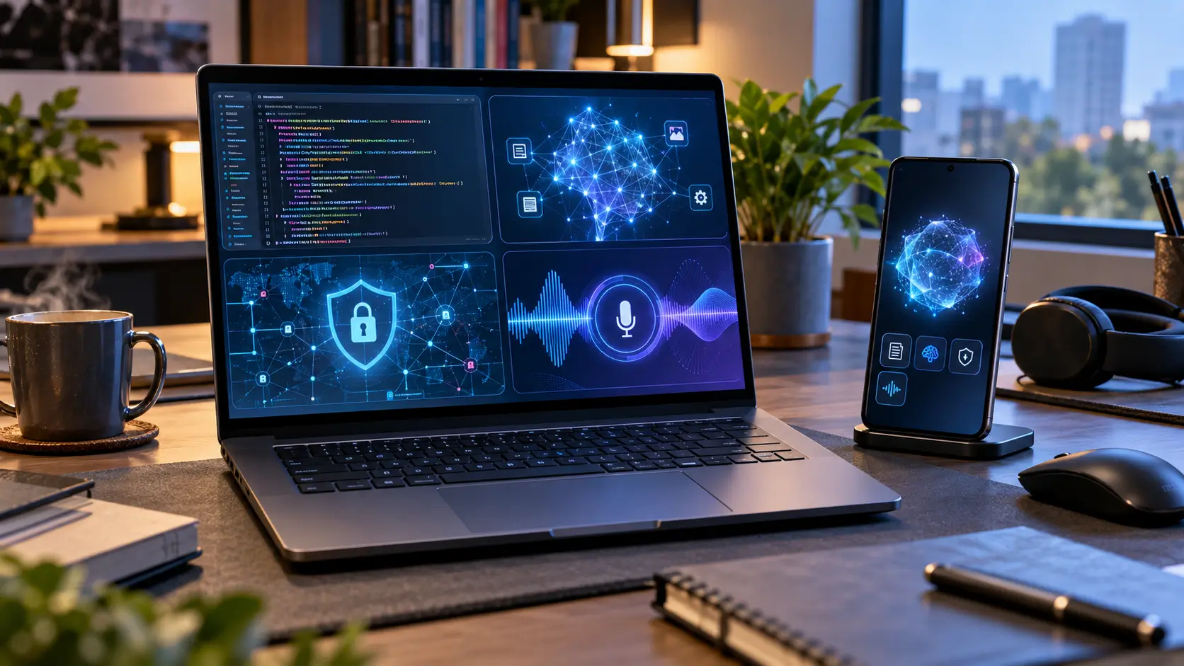Conceptual AI technology workspace representing Gemini 3.8 Flash, Live and cybersecurity models on unbranded devices.