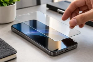 Glass screen protector being aligned over a modern smartphone display