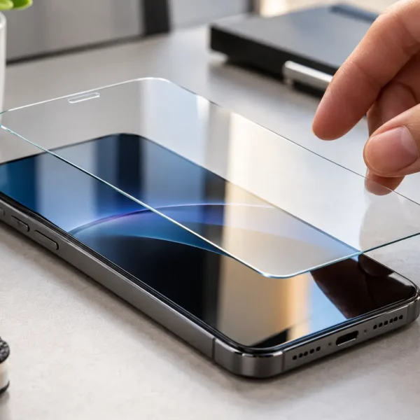 Glass screen protector being aligned over a modern smartphone display