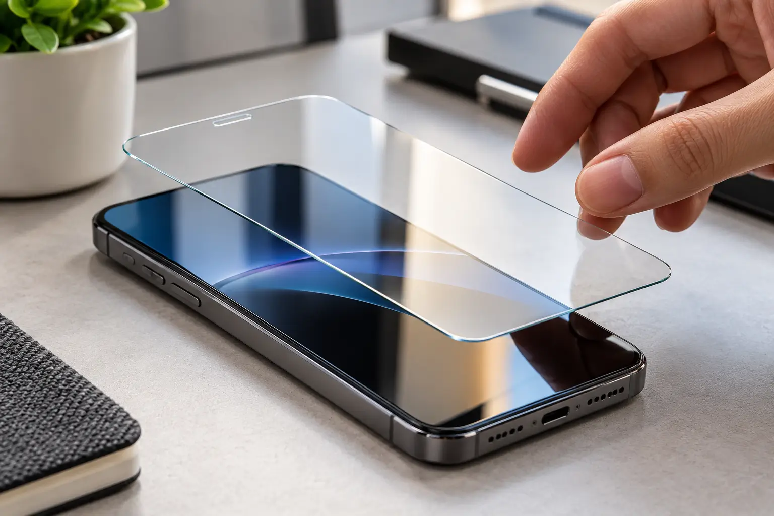 Glass screen protector being aligned over a modern smartphone display