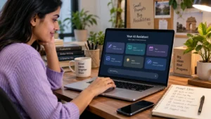 Indian professional using an AI assistant on a laptop while working with Google Gemini prompts
