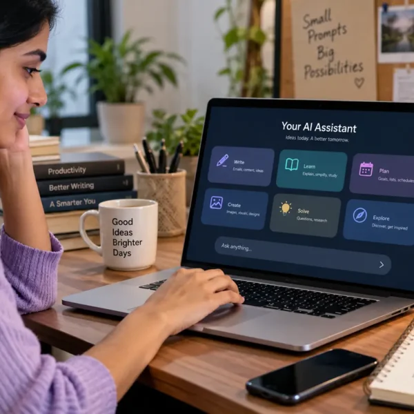 Indian professional using an AI assistant on a laptop while working with Google Gemini prompts