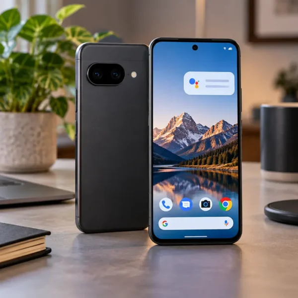 Google Pixel 10a-style smartphone shown on a modern technology desk with Android and camera-focused elements