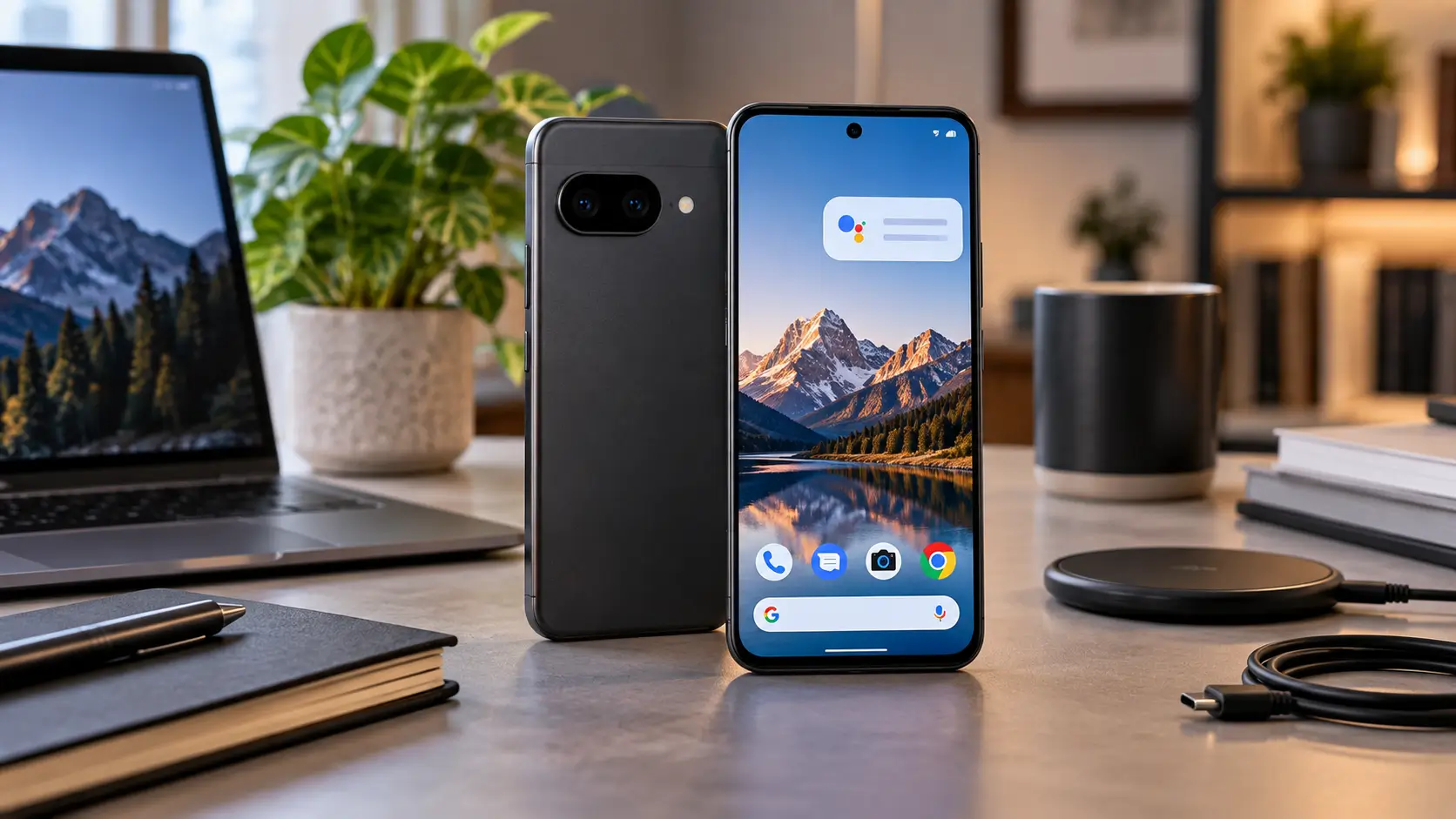 Google Pixel 10a-style smartphone shown on a modern technology desk with Android and camera-focused elements