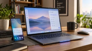 Premium laptop beside an Android smartphone representing Google's Googlebook and Gemini AI ecosystem.