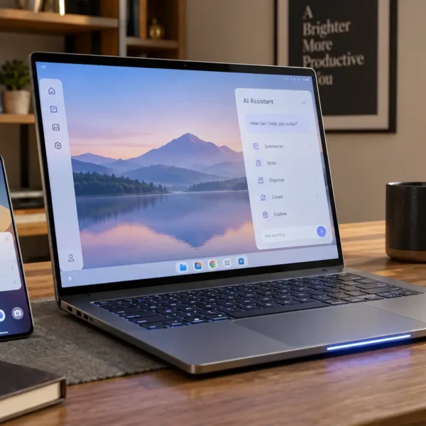 Premium laptop beside an Android smartphone representing Google's Googlebook and Gemini AI ecosystem.