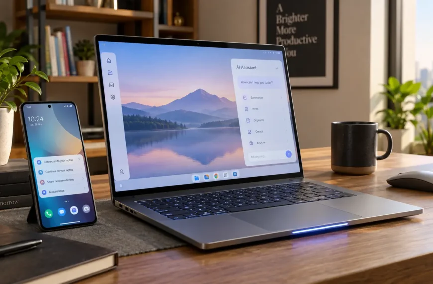 Premium laptop beside an Android smartphone representing Google's Googlebook and Gemini AI ecosystem.