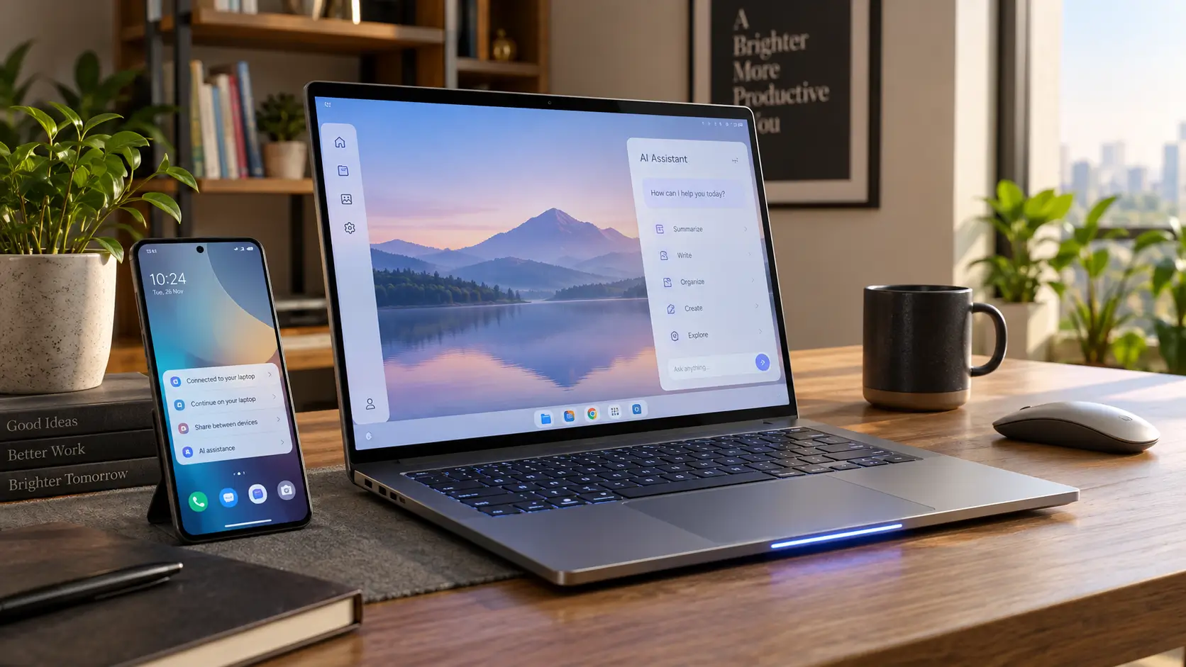 Premium laptop beside an Android smartphone representing Google's Googlebook and Gemini AI ecosystem.