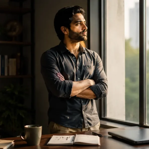Mentally strong Indian adult calmly reflecting beside a sunlit window while building inner resilience