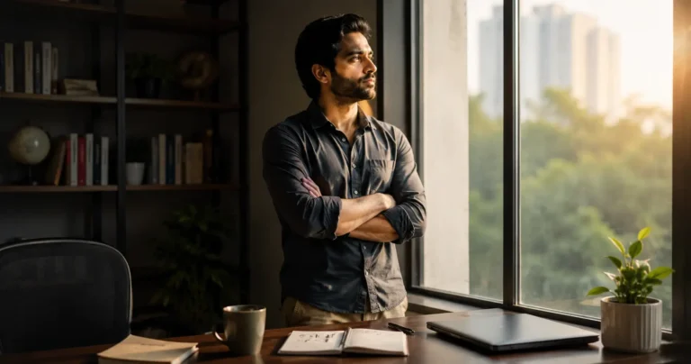 Mentally strong Indian adult calmly reflecting beside a sunlit window while building inner resilience