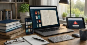Laptop and smartphone showing a digital PDF book and online library resources