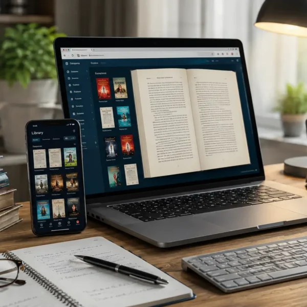 Laptop and smartphone showing a digital PDF book and online library resources
