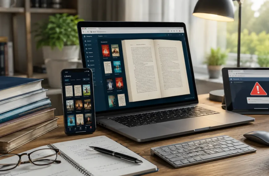 Laptop and smartphone showing a digital PDF book and online library resources