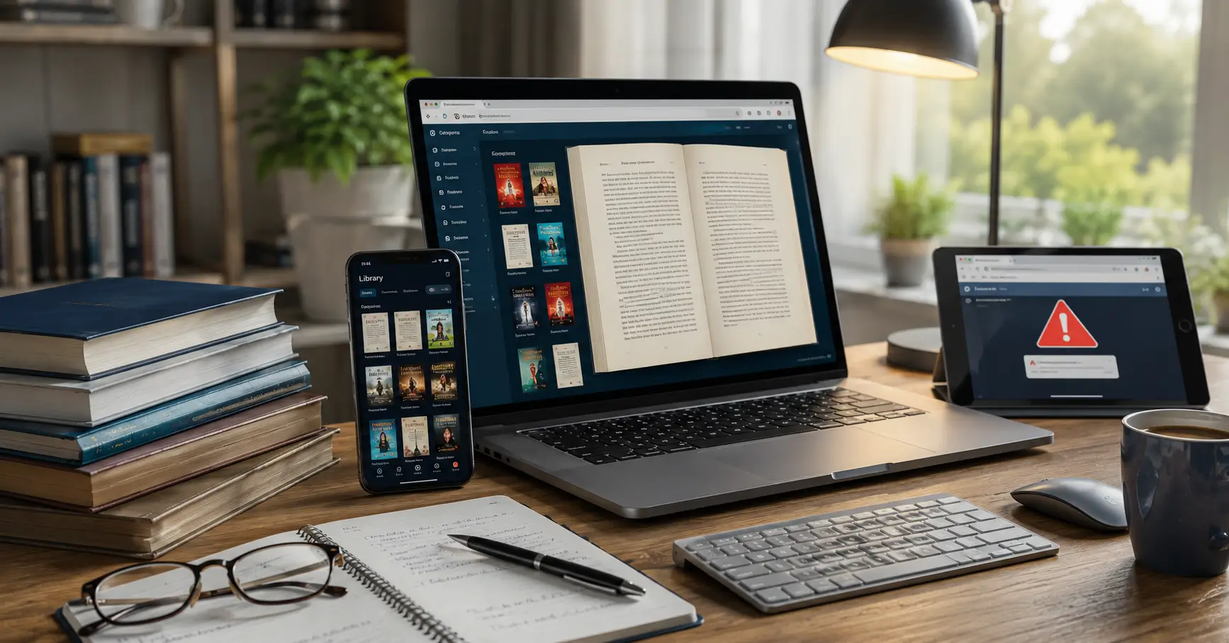Laptop and smartphone showing a digital PDF book and online library resources