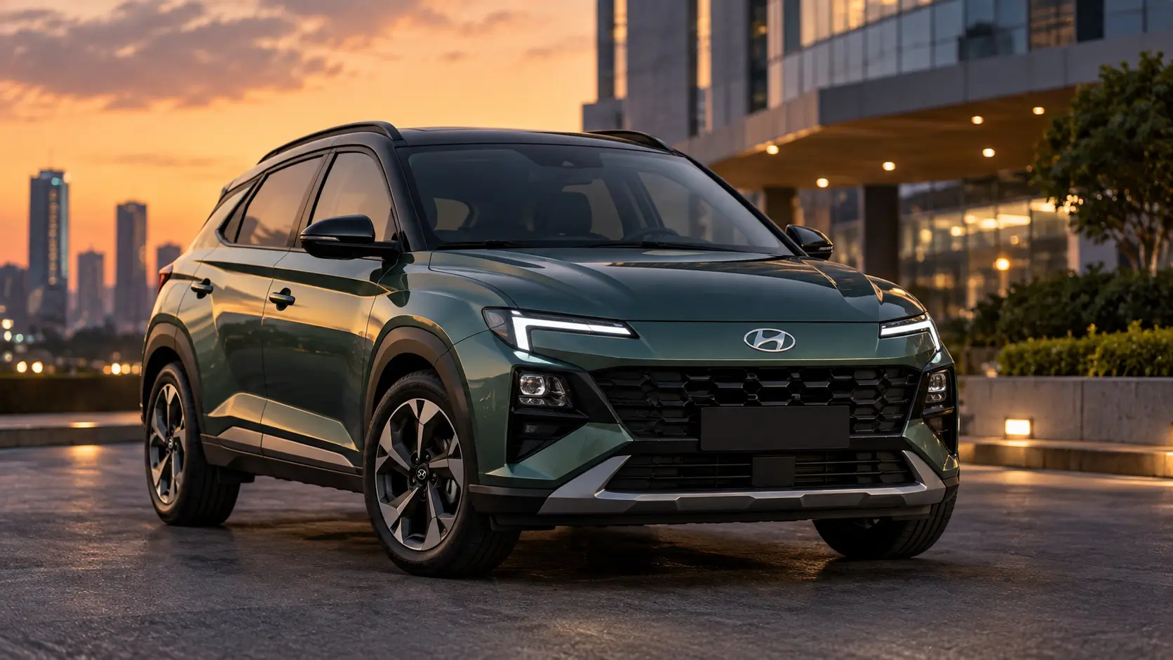 Hyundai Bayon-inspired upcoming SUV shown in a three-quarter front view with distinctive modern LED lighting.