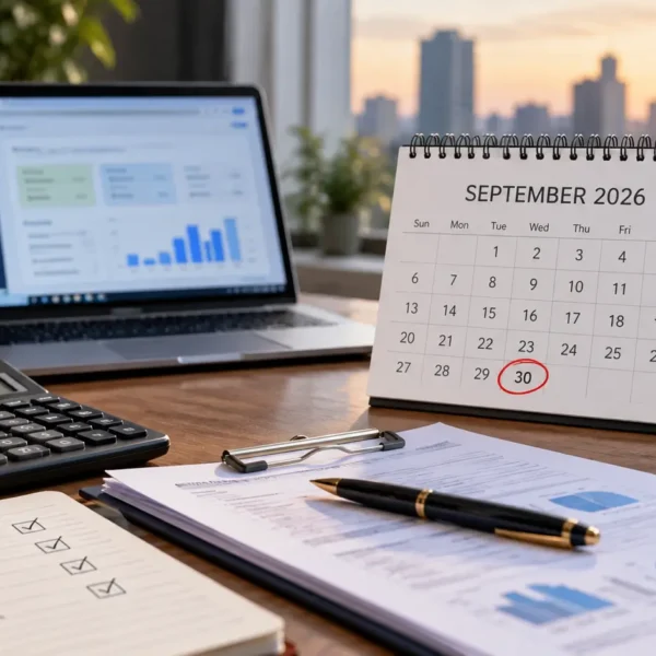 Tax compliance workspace with a calendar showing September 30 beside a laptop and accounting documents.