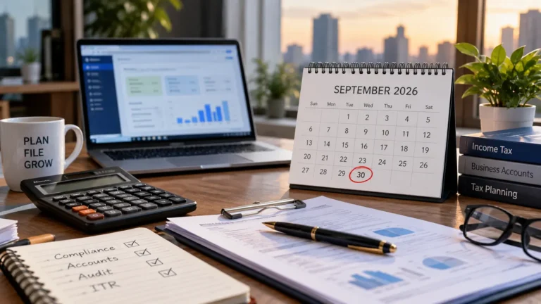 Tax compliance workspace with a calendar showing September 30 beside a laptop and accounting documents.