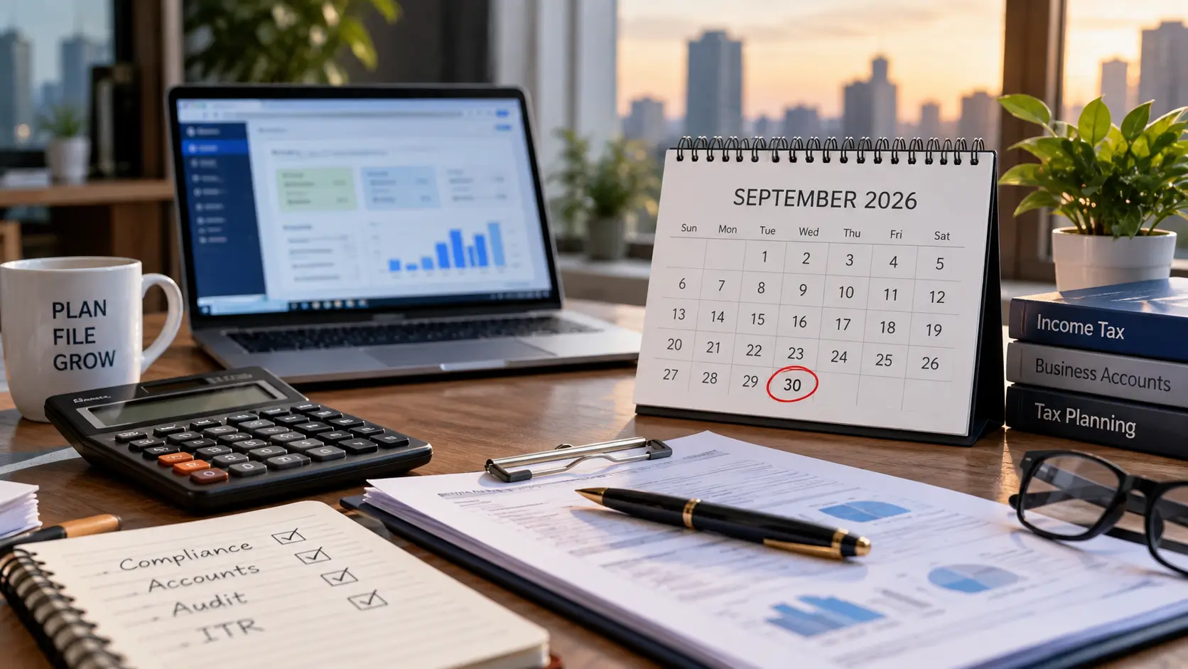 Tax compliance workspace with a calendar showing September 30 beside a laptop and accounting documents.