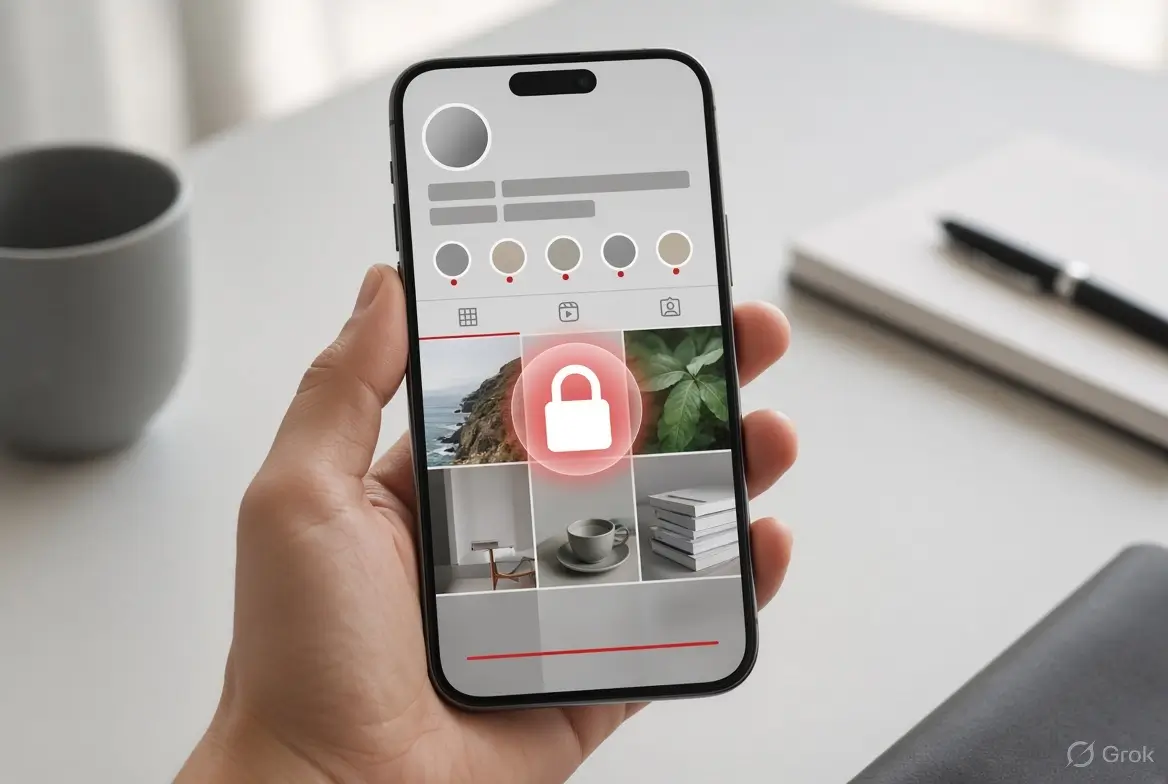 Smartphone screen showing a locked Instagram private profile with padlock icon