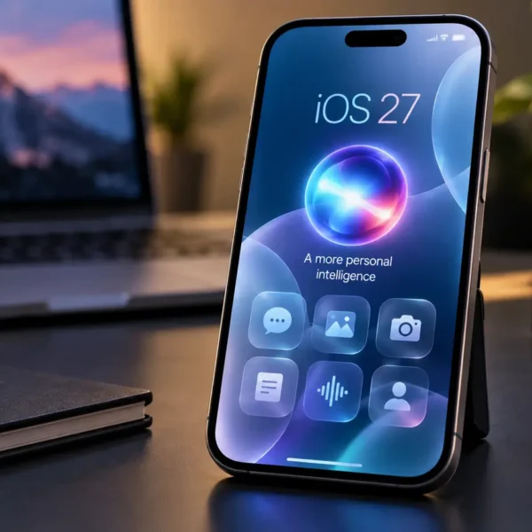 Conceptual smartphone showing a next-generation AI-focused mobile interface for iOS 27