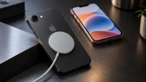 Apple iPhone 17e smartphone showing its rear camera and MagSafe charging design