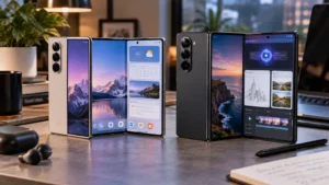 Apple iPhone Duo-style and Samsung Galaxy Z Fold8-style foldable smartphones shown side by side on a technology desk