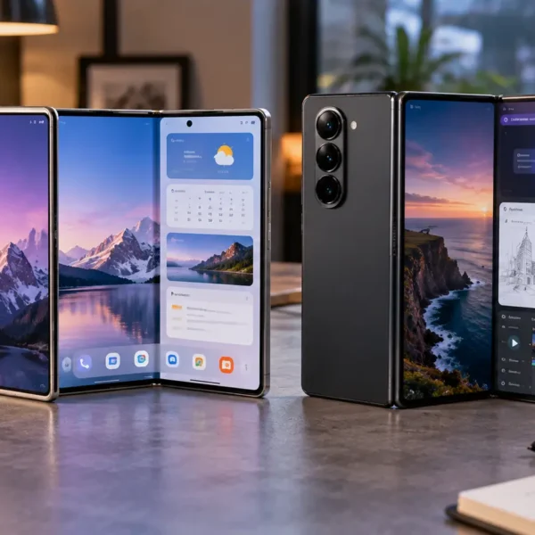 Apple iPhone Duo-style and Samsung Galaxy Z Fold8-style foldable smartphones shown side by side on a technology desk