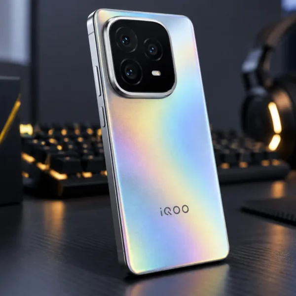 iQOO 16 smartphone showing its redesigned rear camera module on a premium gaming desk