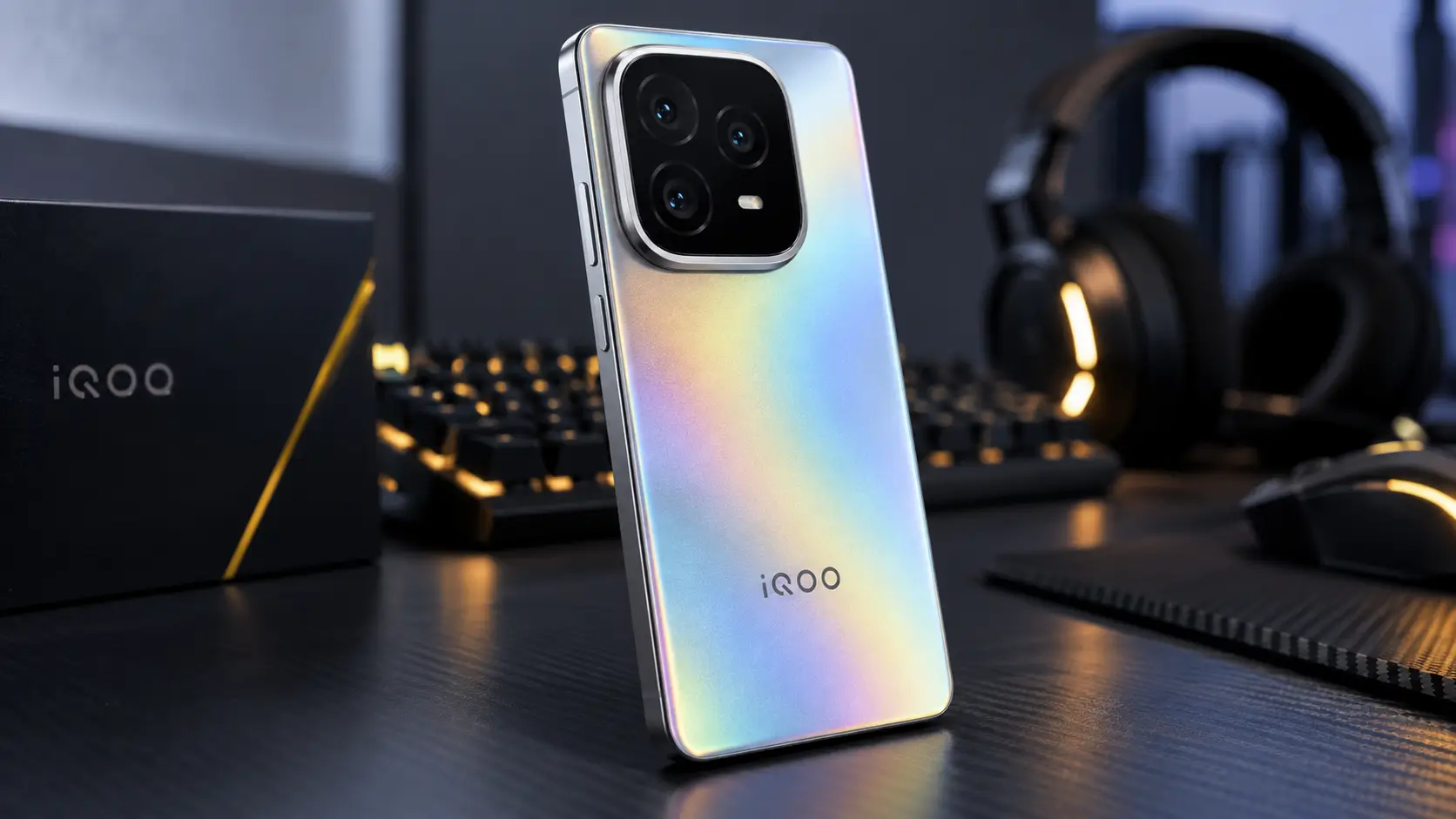 iQOO 16 smartphone showing its redesigned rear camera module on a premium gaming desk