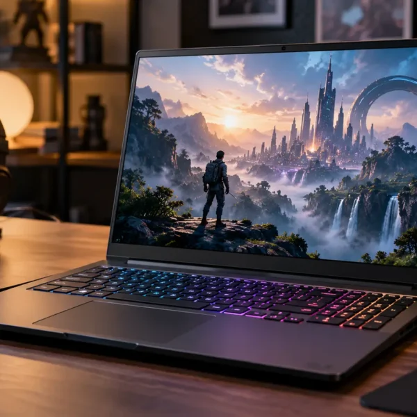 Lenovo Legion 5i-style gaming laptop on a modern technology desk with a high-performance gaming display