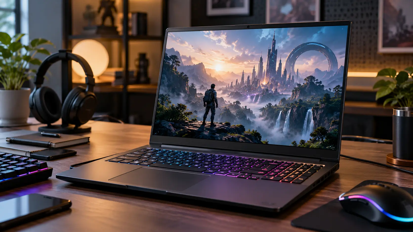 Lenovo Legion 5i-style gaming laptop on a modern technology desk with a high-performance gaming display