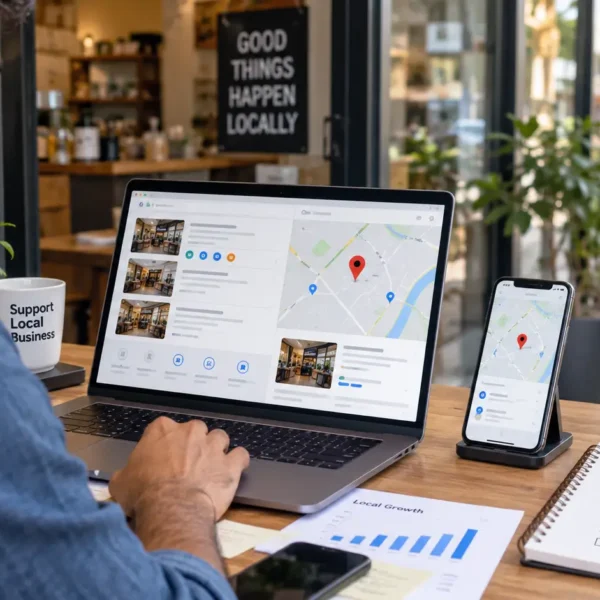 Indian small-business owner reviewing local SEO and Google Maps information on a laptop.