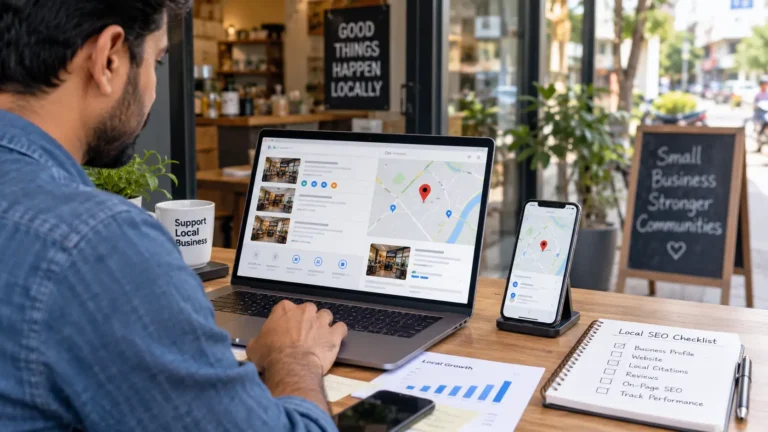 Indian small-business owner reviewing local SEO and Google Maps information on a laptop.