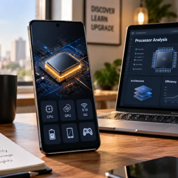 Premium generic smartphone beside a laptop showing a fictional processor research interface representing MediaTek Dimensity 7200 Pro analysis.