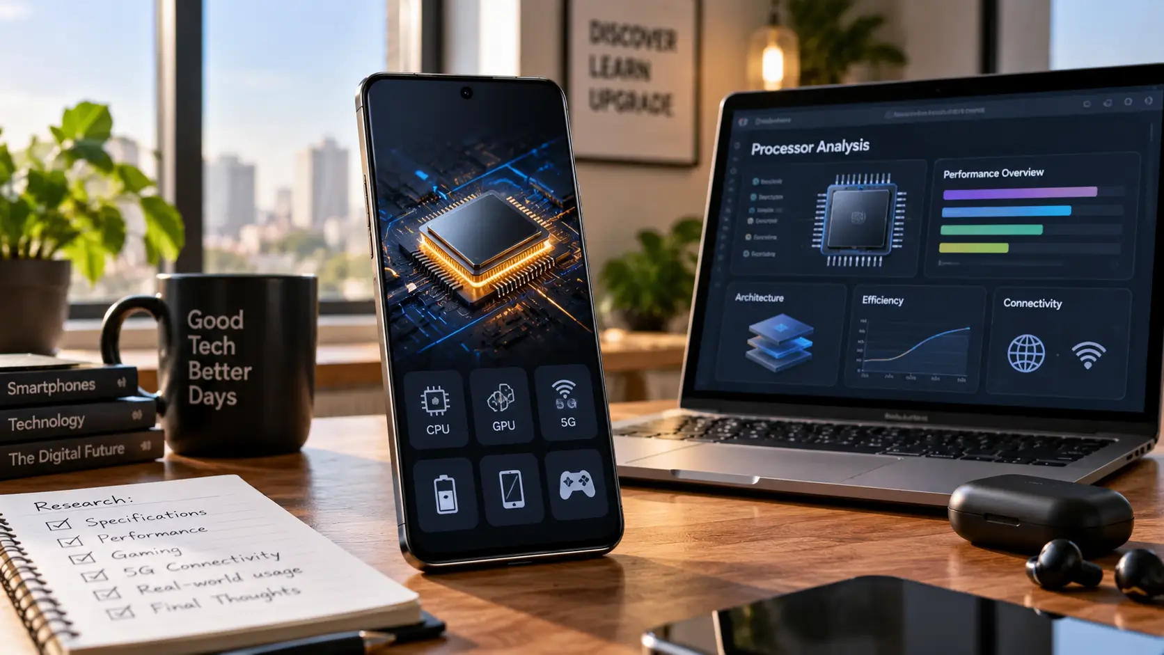 Premium generic smartphone beside a laptop showing a fictional processor research interface representing MediaTek Dimensity 7200 Pro analysis.