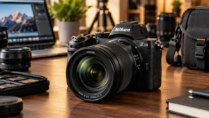 Nikon Z5II full-frame mirrorless camera with a standard zoom lens on a photography desk.