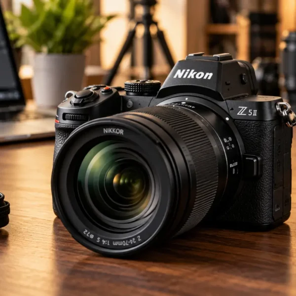 Nikon Z5II full-frame mirrorless camera with a standard zoom lens on a photography desk.