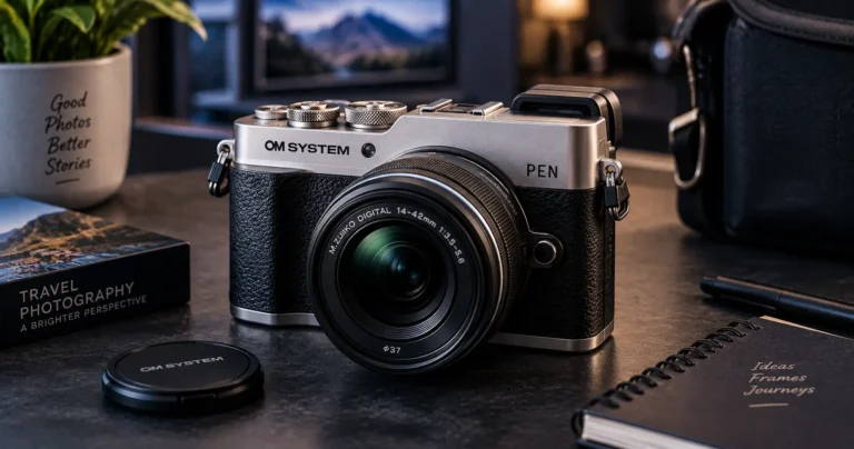 Conceptual editorial image of the OM SYSTEM PEN compact mirrorless camera