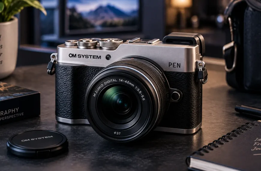 Conceptual editorial image of the OM SYSTEM PEN compact mirrorless camera