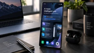 Samsung Galaxy smartphone displaying a fictional One UI 9-inspired Android software update interface