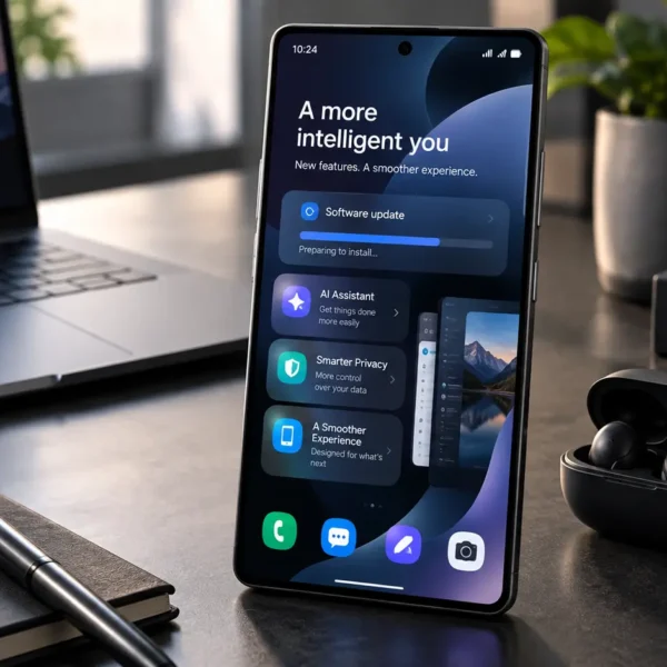 Samsung Galaxy smartphone displaying a fictional One UI 9-inspired Android software update interface