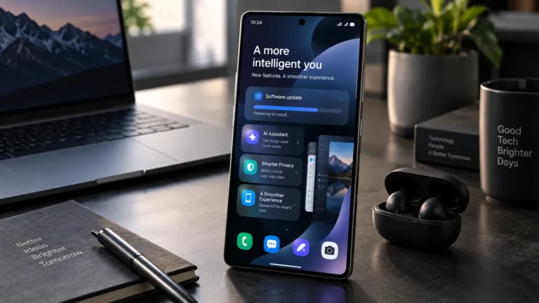 Samsung Galaxy smartphone displaying a fictional One UI 9-inspired Android software update interface