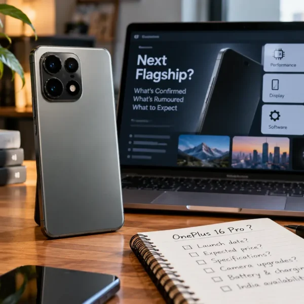 Premium smartphone shown in an Indian technology workspace representing the reported OnePlus 16 Pro