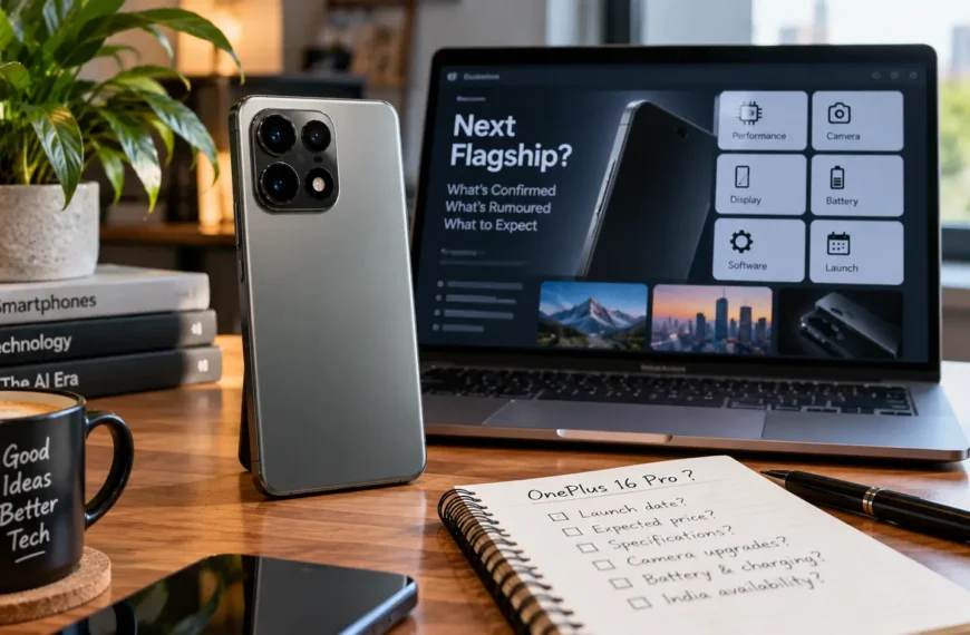 Premium smartphone shown in an Indian technology workspace representing the reported OnePlus 16 Pro