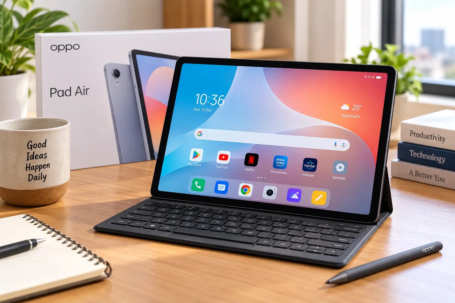 OPPO Pad Air tablet with 10.36-inch display and stylus on a desk
