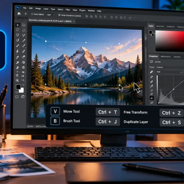 Adobe Photoshop workstation showing image editing tools and keyboard shortcut workflow