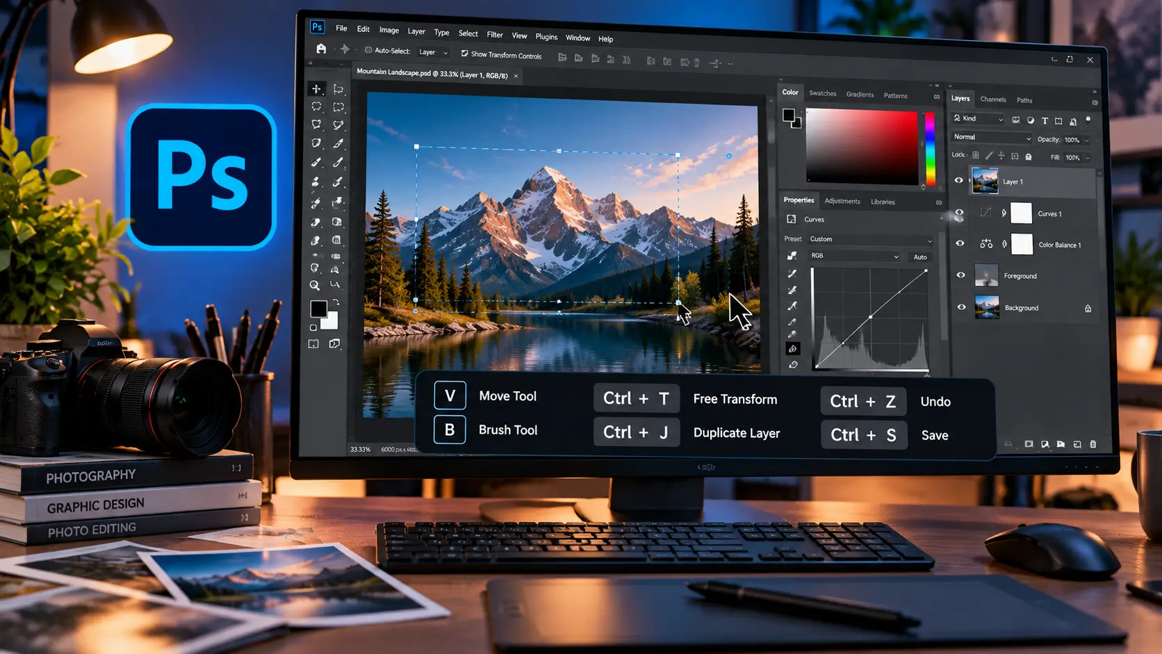 Adobe Photoshop workstation showing image editing tools and keyboard shortcut workflow